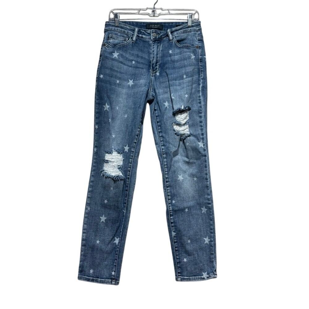 Judy Blue Star Print Straight Leg Jeans Womens 9/29 Distressed Boyfriend Fit